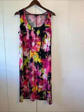 Women’s  Vibrant Abstract Palm-Print Sleeveless Dress L